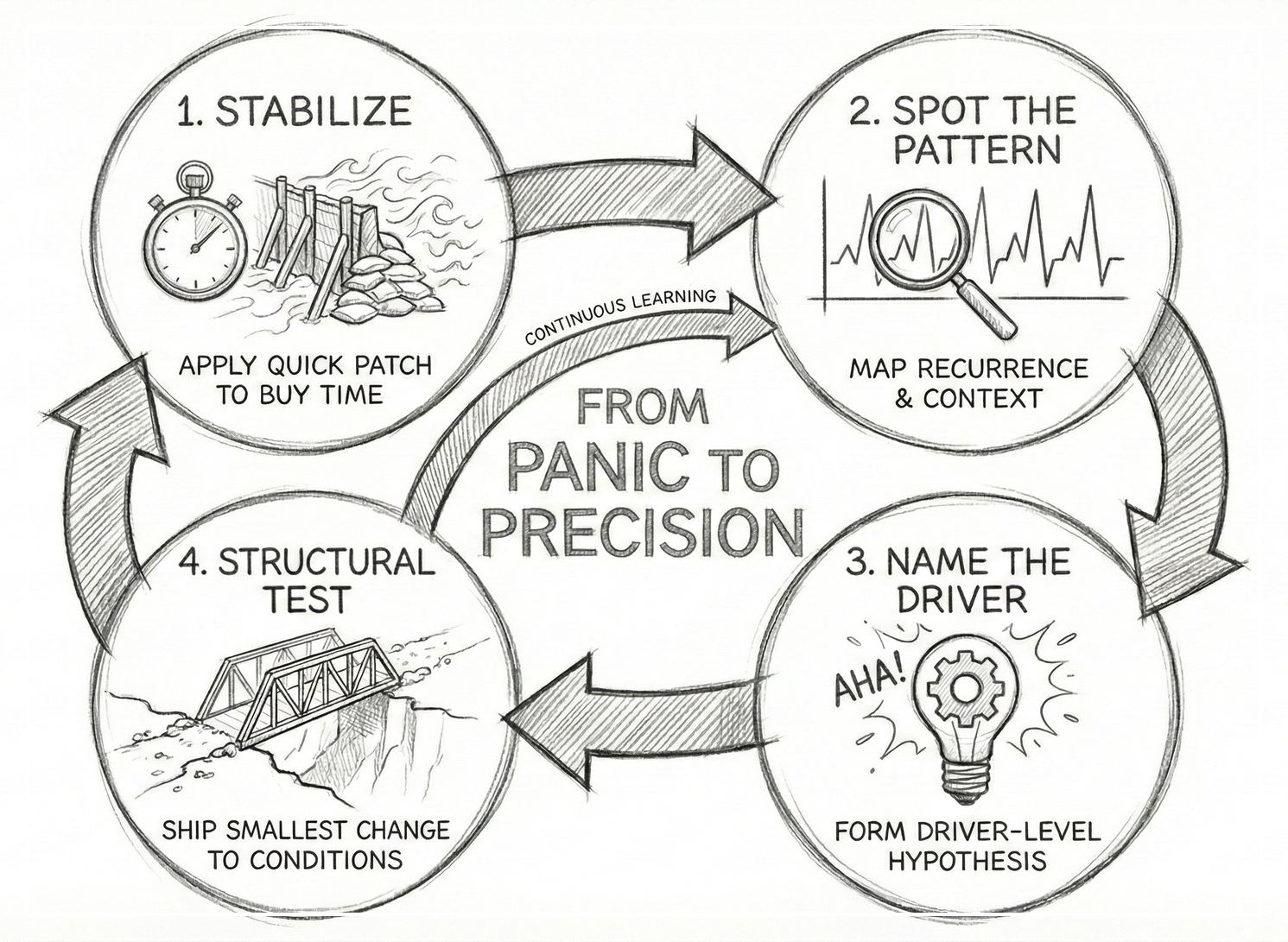 A pencil sketch diagram of the "FROM PANIC TO PRECISION" cycle, showing four steps connected by arrows: 1. Stabilize (patching to buy time), 2. Spot the Pattern (mapping recurrence), 3. Name the Driver (forming a hypothesis), and 4. Structural Test (shipping a small change), with a continuous learning loop.