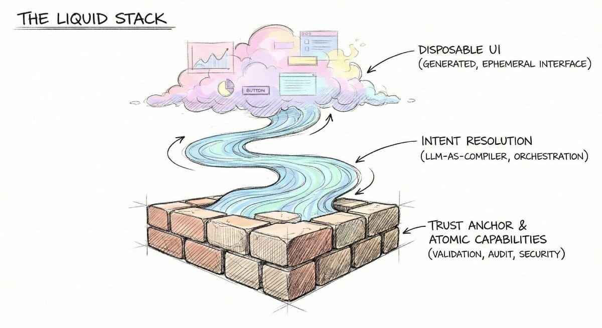 "Liquid Stack" concept, showing a solid brick foundation labeled "Atomic Capabilities" with a flowing river labeled "User Intent Resolution" rising to an ephemeral cloud labeled "Disposable UI".