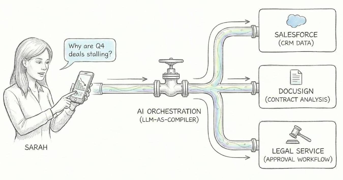 Sarah's query flowing through an AI orchestration valve into Salesforce, DocuSign, and Legal service blocks, with a generated chart on her phone.
