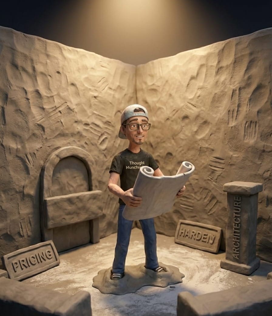 A smiling character holds a blueprint while his feet are stuck in hardening clay inside a cramped, walled-in room with heavy blocks labeled 'Pricing' and 'Architecture'.