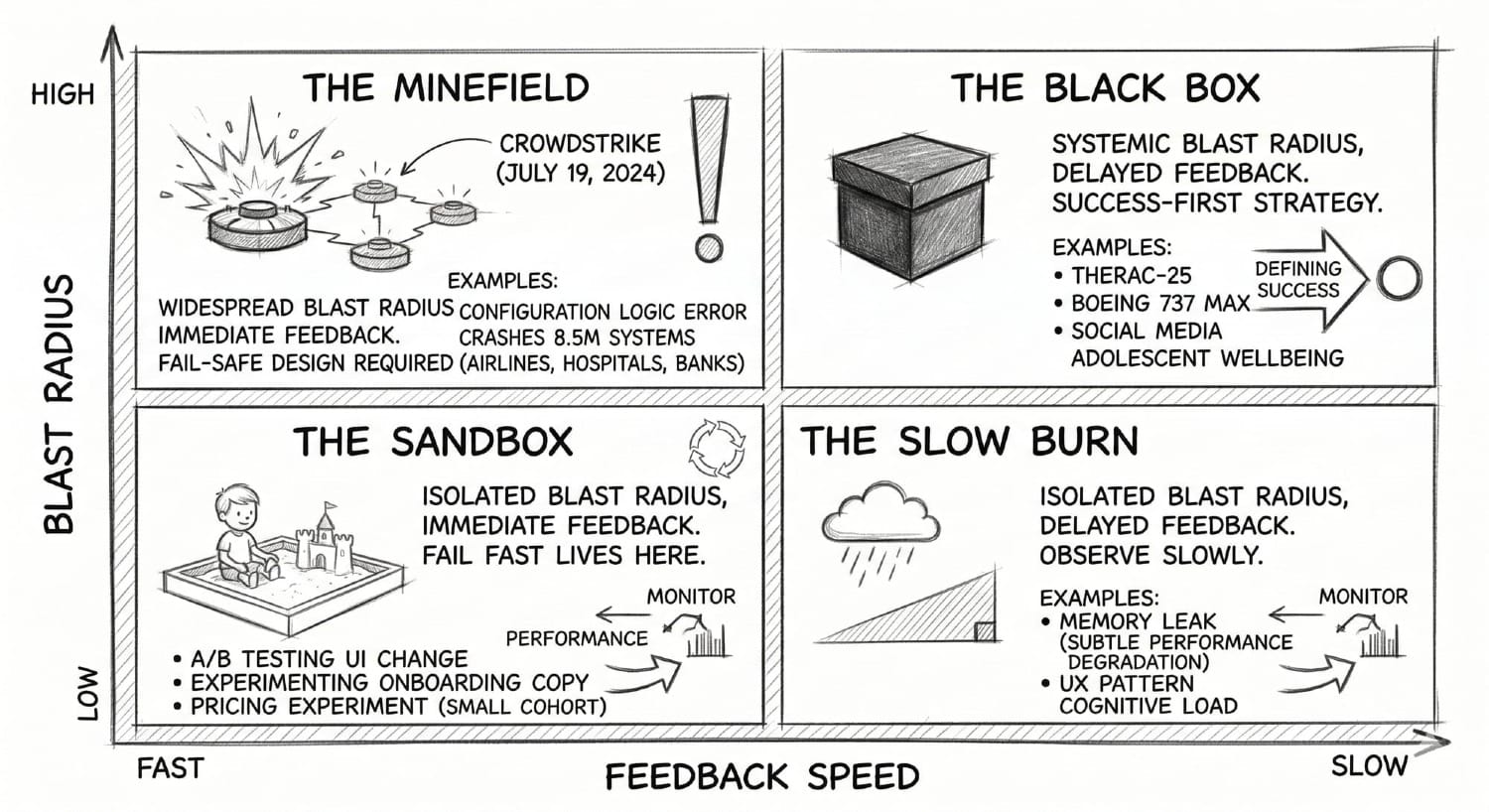 A 2x2 grid showing Blast Radius vs. Feedback Speed with four quadrants: Sandbox, Slow Burn, Minefield, and Black Box.